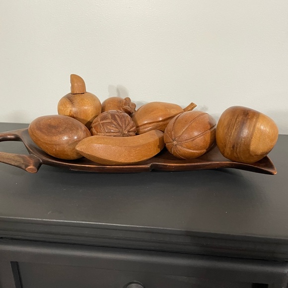 Vintage MCM Monkey Pod Wood Leaf Bowl and wooden fruit.Excellent retro - Picture 13 of 16